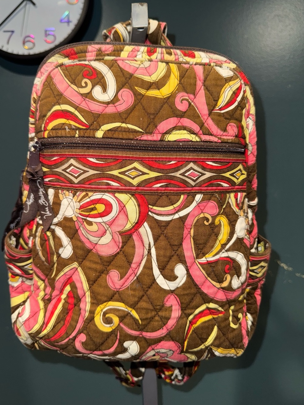 Vera Bradley Quilted Brown Backpack with Pink & Yellow Swirls